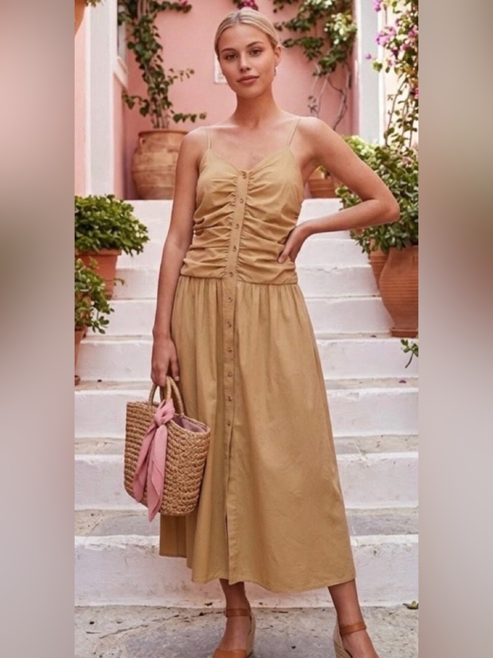 Future Collective Ruched Midi Dress Champagne Adjustable Strap NWT Medium